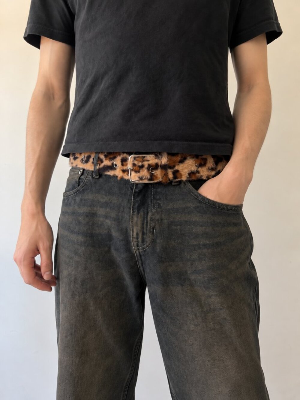 Y2K Fuzzy Leopard Print Silver Buckle Belt Grunge Streetwear OS